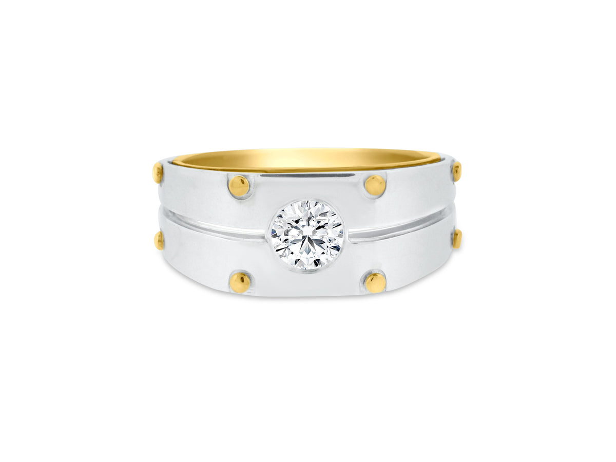 MULLOYS PRIVE'14K WHITE AND YELLOW GOLD .70CT SI1 CLARITY  COLOR H THE RIVOT COLLECTION GENTS RING SIZE 10.5 (CUSTOM ADJUSTABLE)