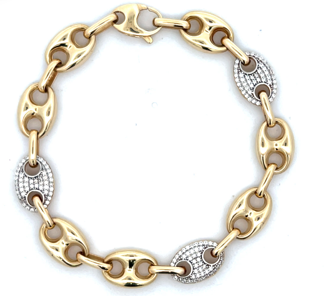 14k Gold Puff Mariner Link with CZ Bracelet