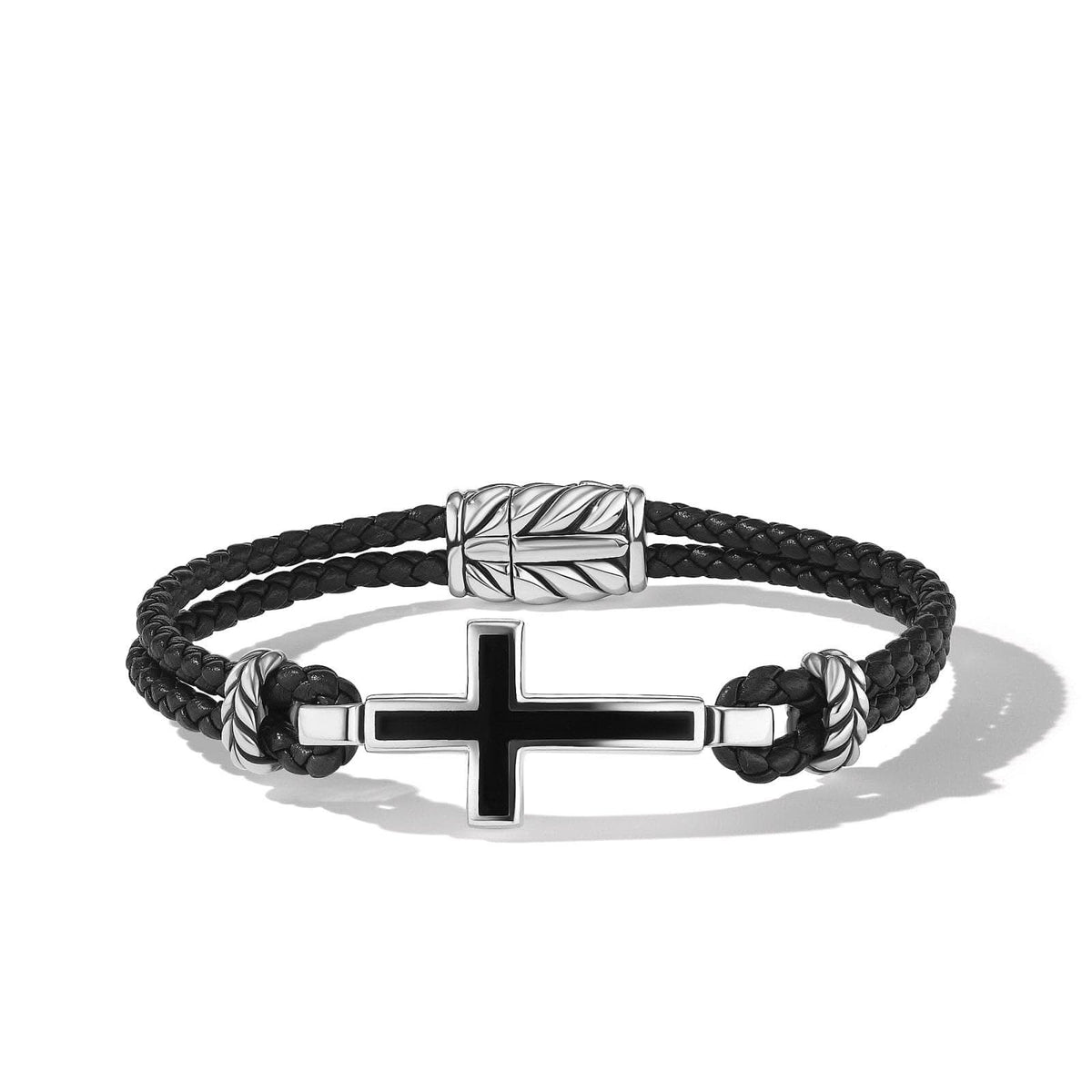 DAVID YURMAN Exotic Stone Cross Bracelet in Black Leather with Sterling Silver and Black Onyx, 3mm
