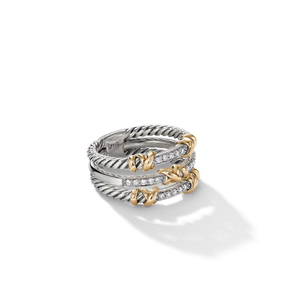 DAVID YURMAN Petite Helena Wrap Three Row Ring in Sterling Silver with 18K Yellow Gold and Diamonds, 12mm