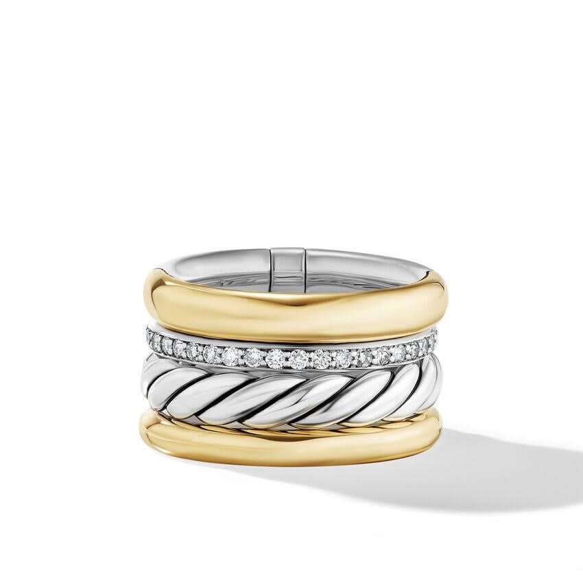 DY Mercer™ Multi Row Ring in Sterling Silver with 18K Yellow Gold and Diamonds, 14mm