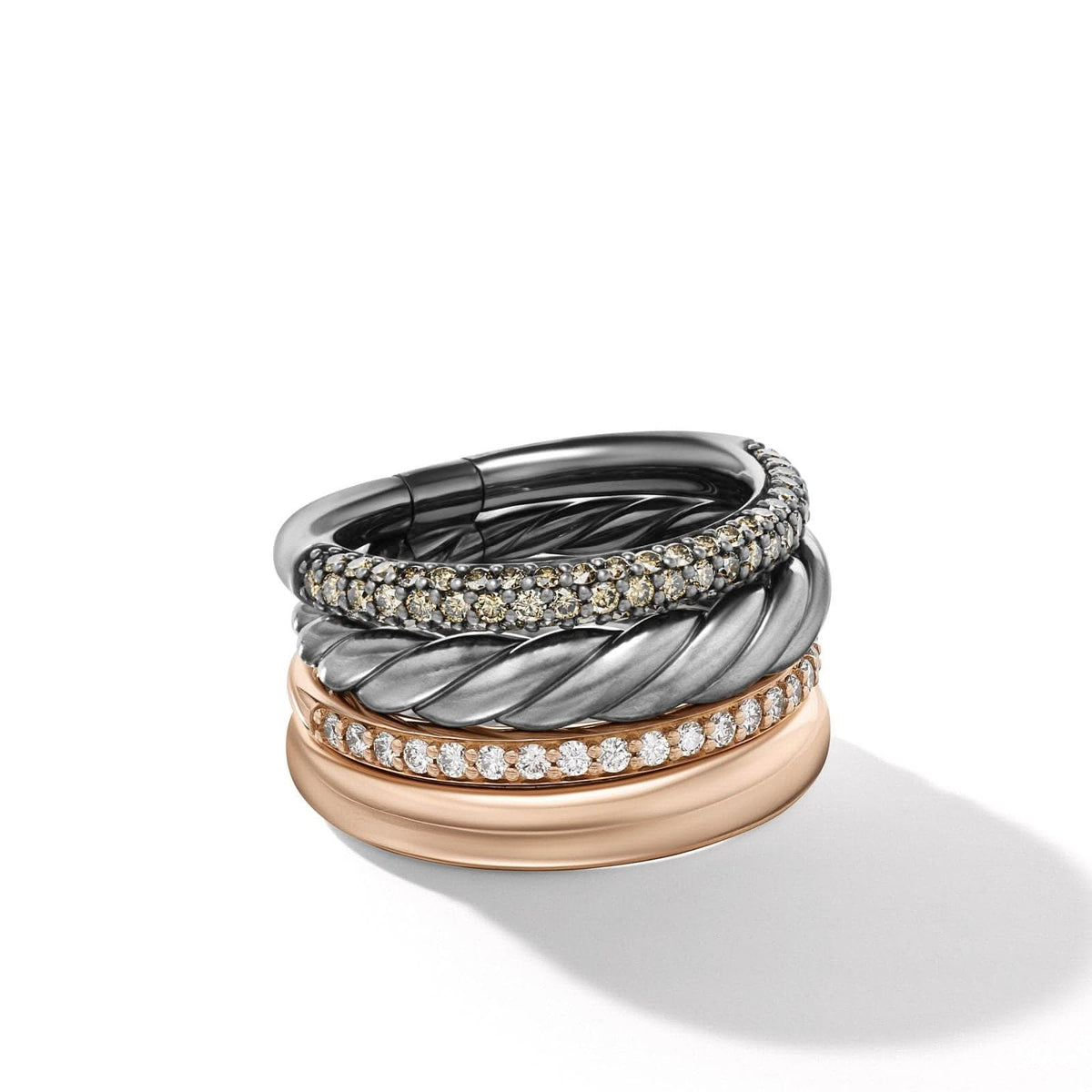 DAVID YURMAN DY Mercer™ Melange Multi Row Ring in Sterling Silver with 18K Rose Gold and Diamonds, 14mm