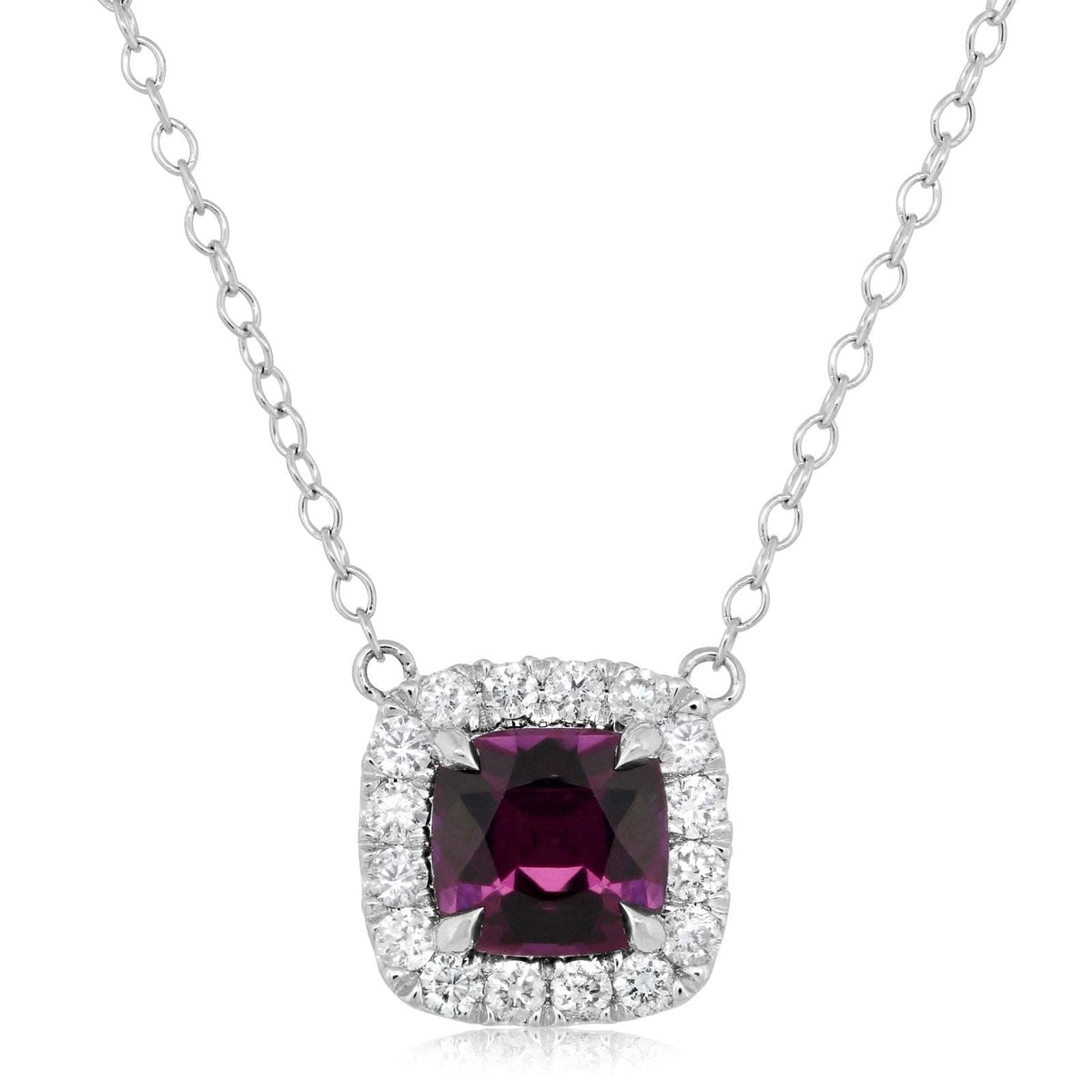 Purple Cushion Cut Sapphire & Diamond Halo Pendant Necklace