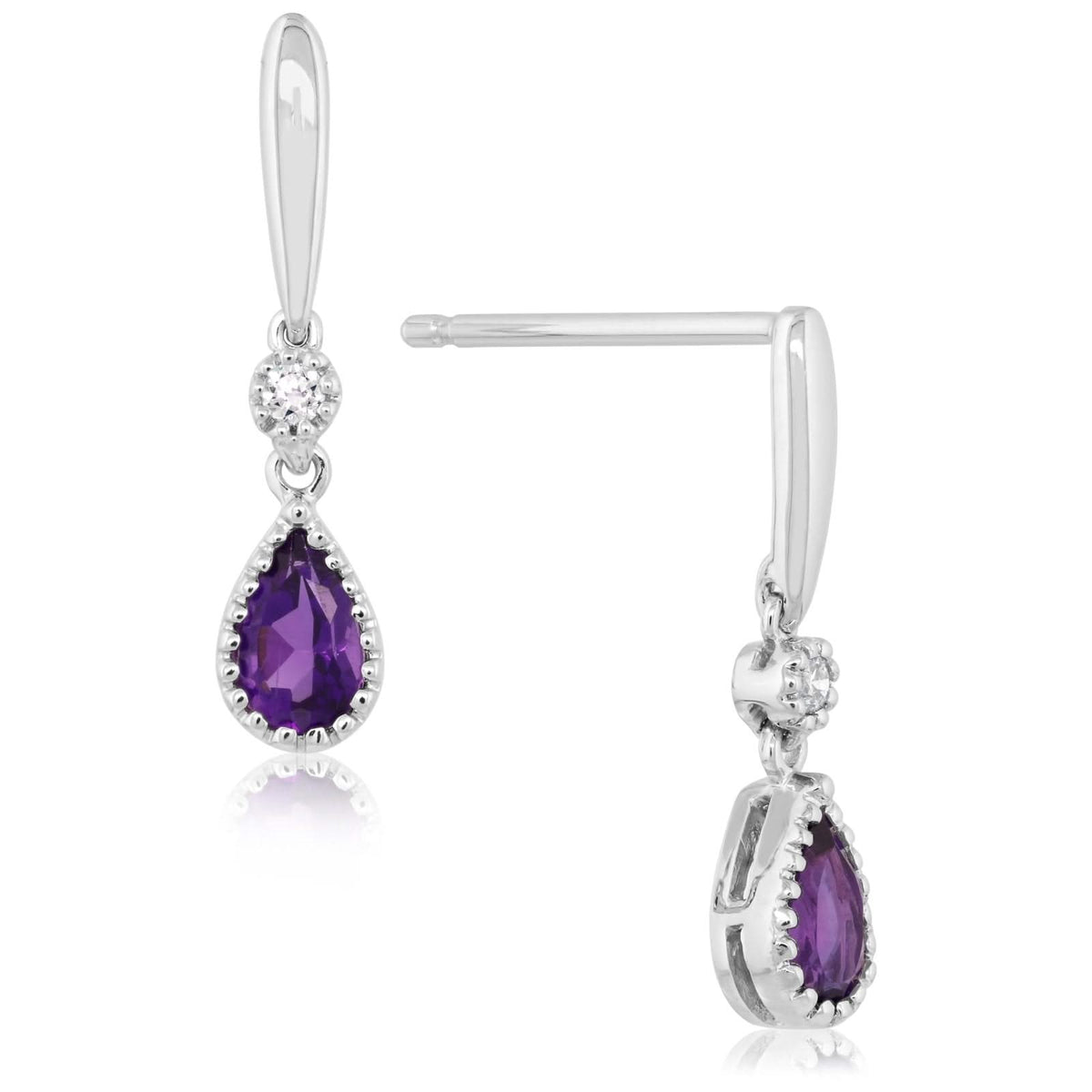 Pear Shape Amethyst & Diamond Drop Earrings