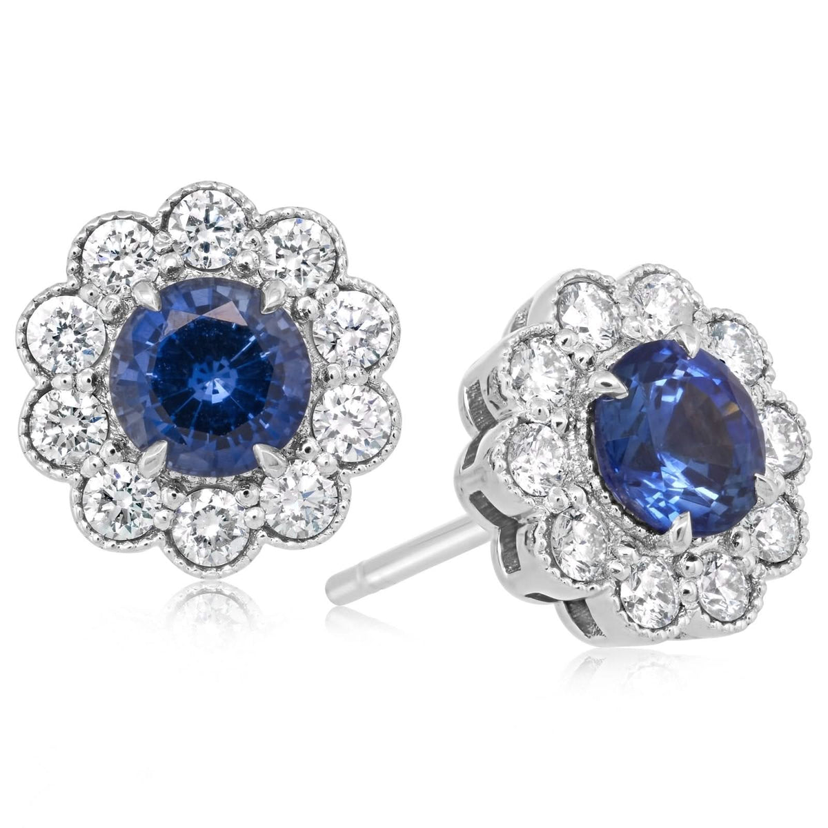 Sapphire & Diamond Flower Shape Stud Earrings