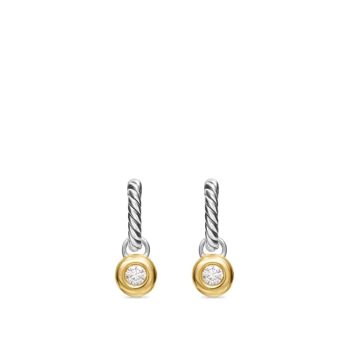 DAVID YURMAN Petite Cable Huggie Drop Earrings in Sterling Silver with 14K Yellow gold and Center Diamond, 17.5mm