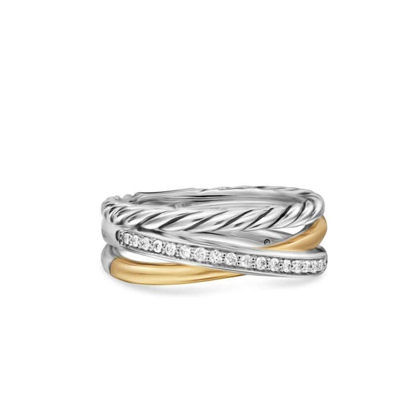 DAVID YURMAN Crossover Three Row Ring in Sterling Silver with 18K Yellow Gold and Diamonds, 7mm