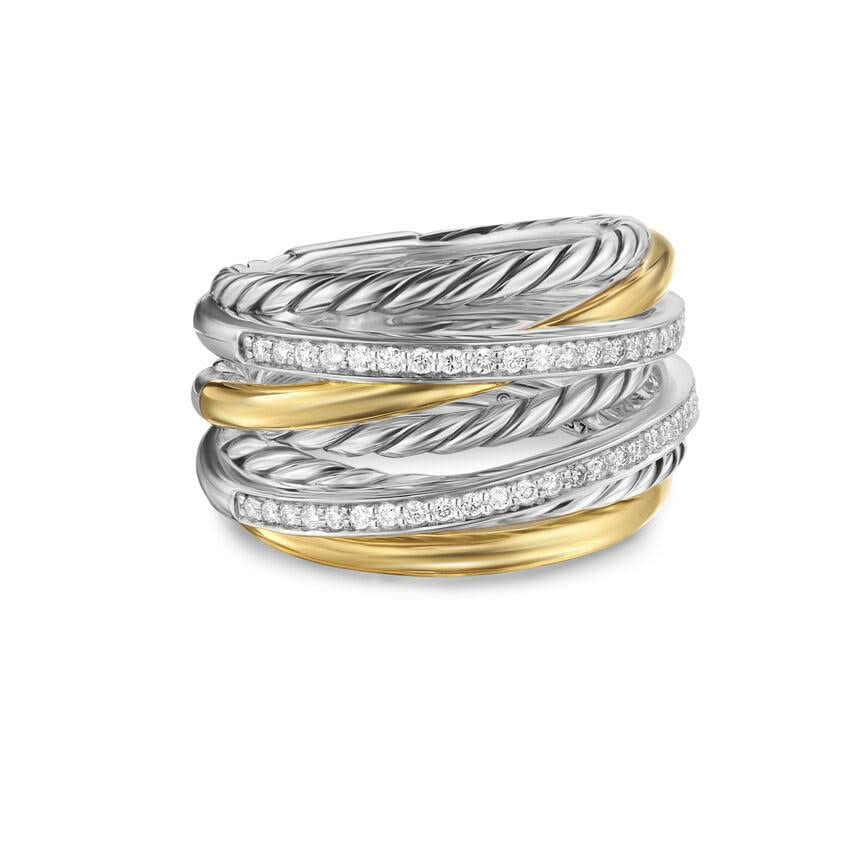 DAVID YURMAN Crossover Seven Row Ring in Sterling Silver with 18K Yellow Gold and Diamonds, 16mm