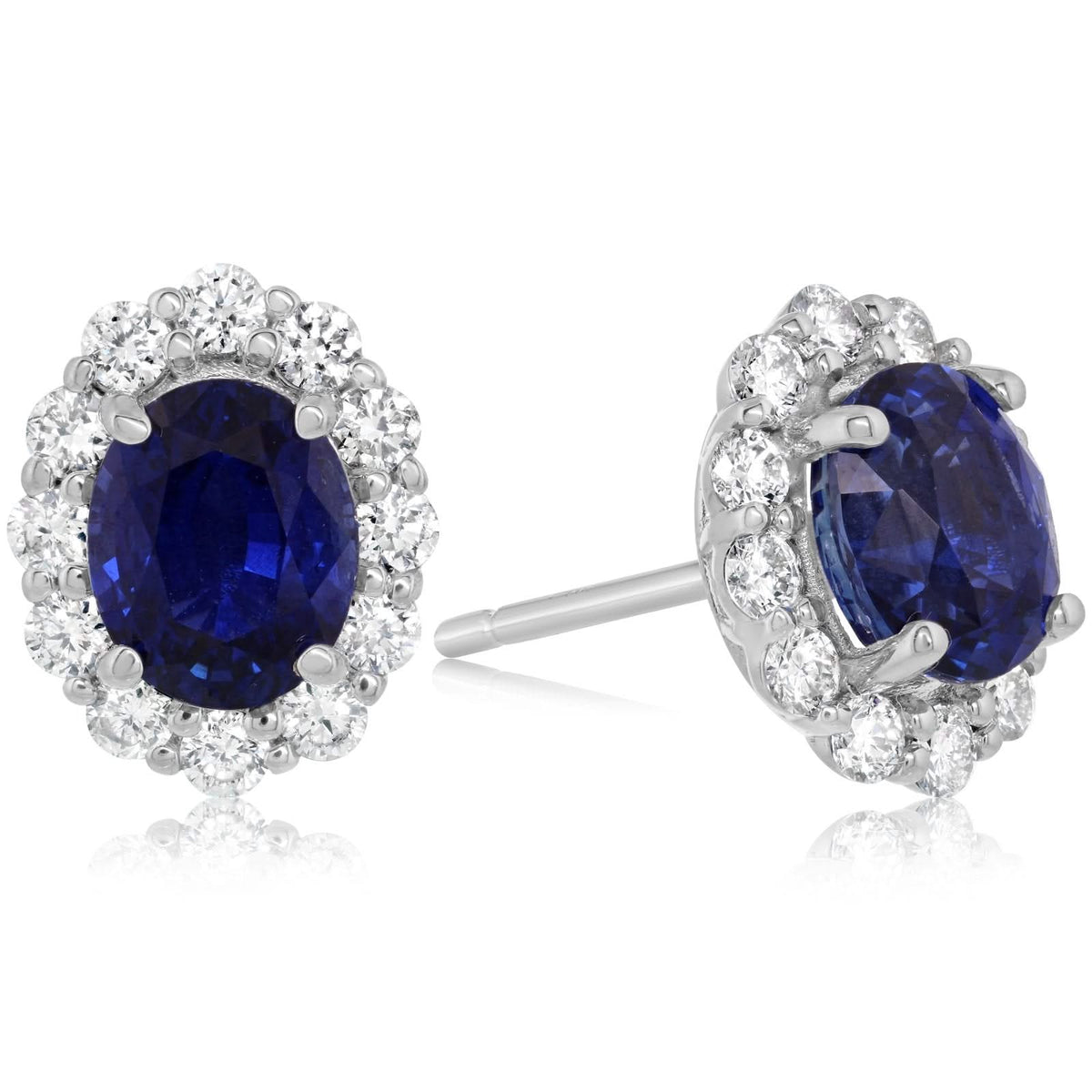 Blue Oval Sapphire & Diamond Halo Earrings