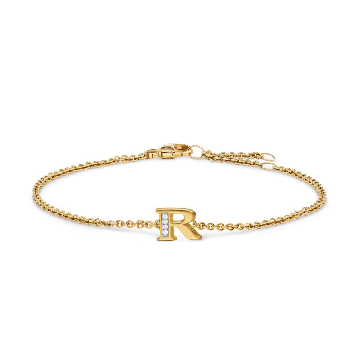 Petite Pavé Initial Chain Bracelet in 18K Yellow Gold with Diamond R