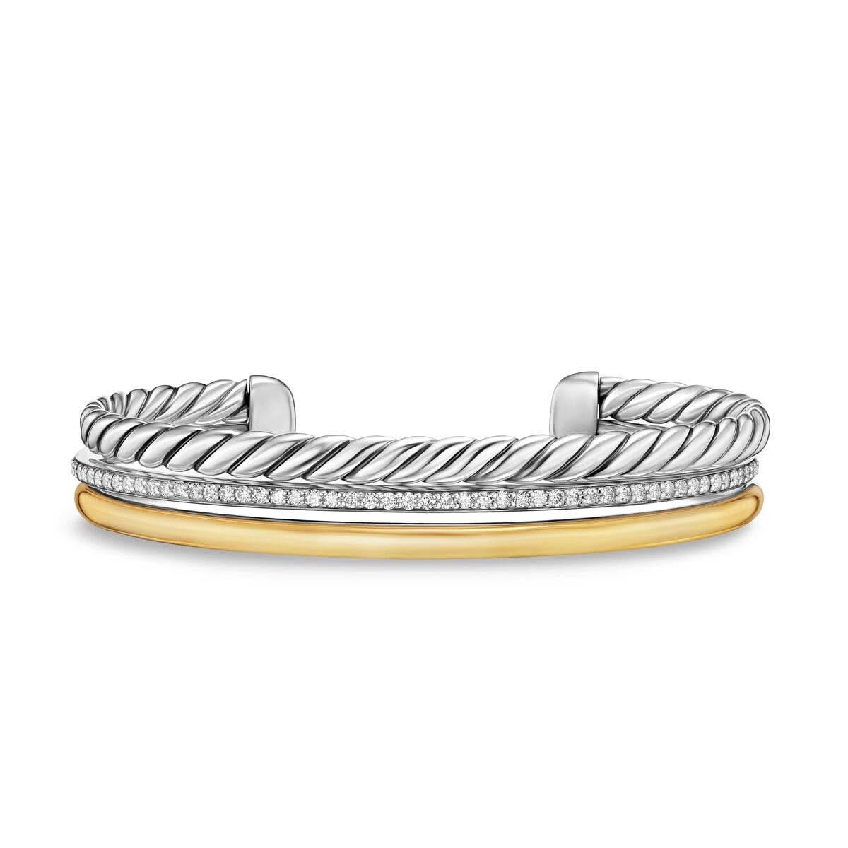 DY Mercer™ Three Row Cuff Bracelet in Sterling Silver with 18K Yellow Gold and Diamonds, 10mm