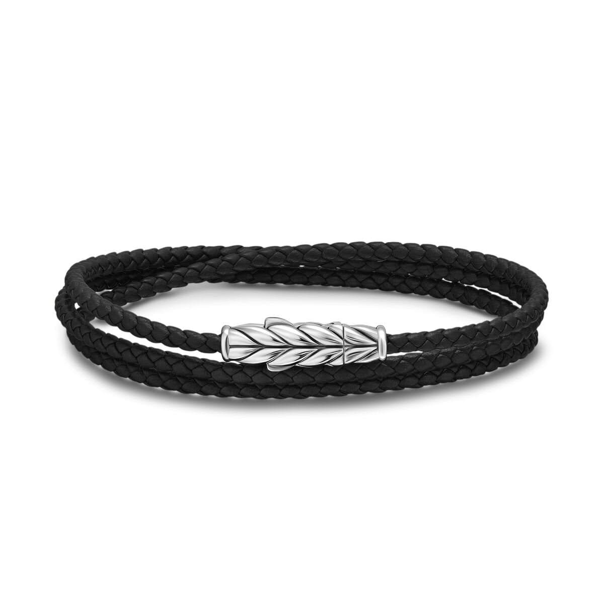 DAVID YURMAN Chevron Triple Wrap Bracelet in Black Leather with Sterling Silver, 3mm