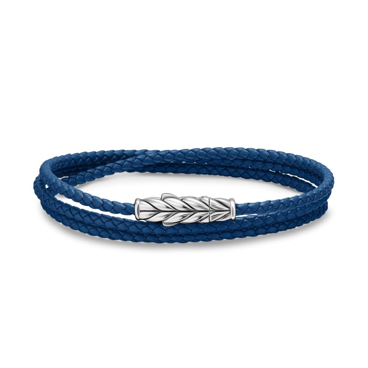 DAVID YURMAN Chevron Triple Wrap Bracelet in Blue Leather with Sterling Silver, 3mm