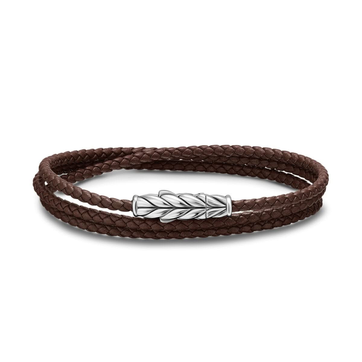 DAVID YURMAN Chevron Triple Wrap Bracelet in Brown Leather with Sterling Silver, 3mm