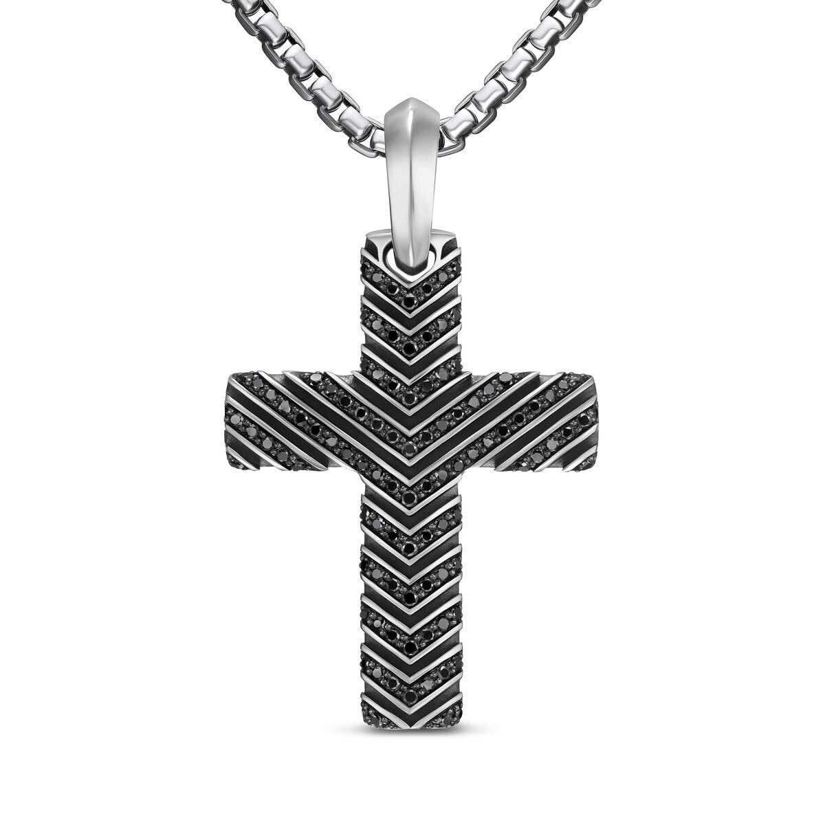 DAVID YURMAN Chevron Cross Pendant in Sterling Silver with Black Diamonds, 36mm
