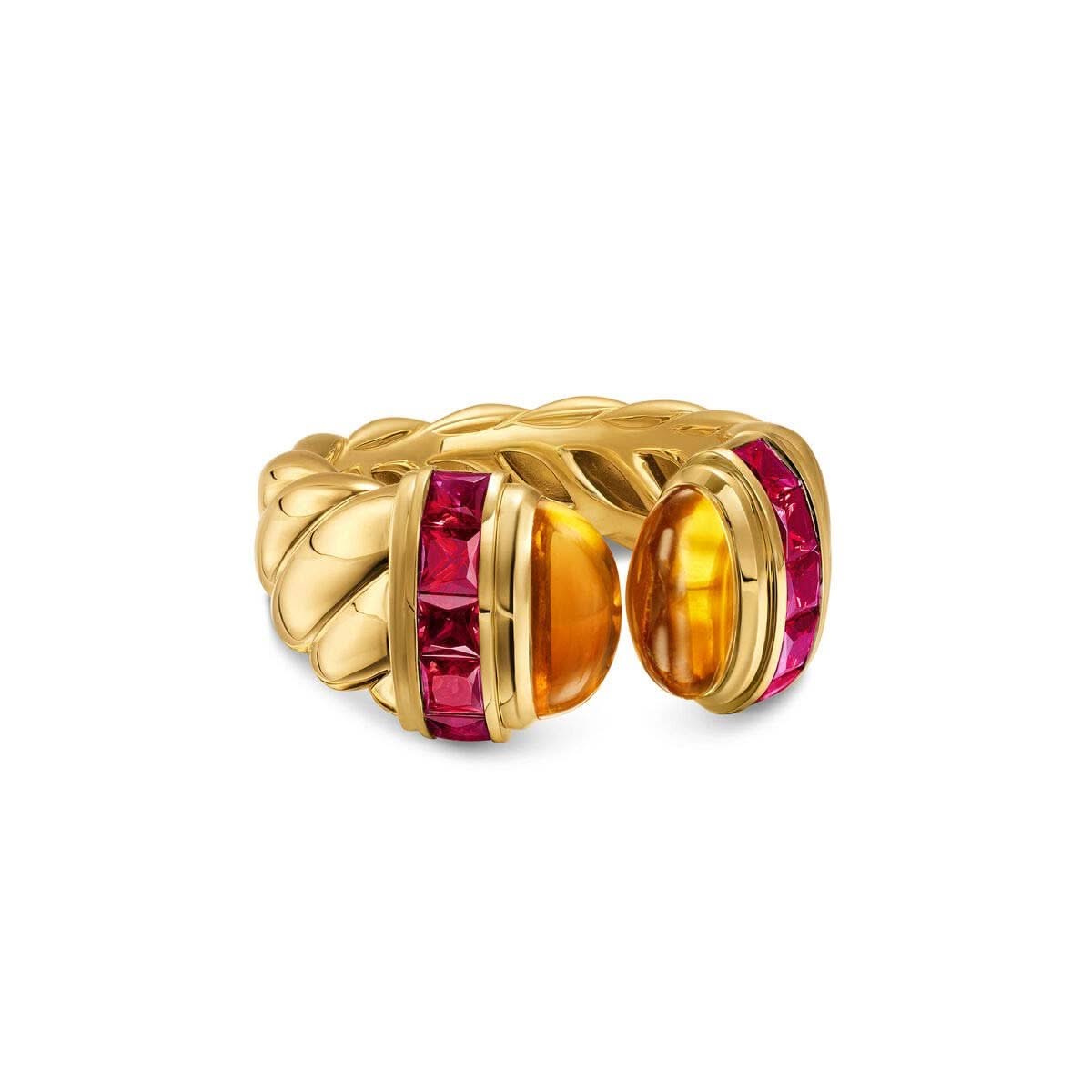 DAVID YURMAN Sculpted Cable Open Cocktail Ring in 18K Yellow Gold with Madeira Citrine and Rubellites, 12.4mm