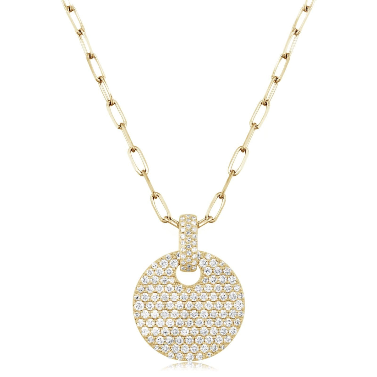 Pavé Diamond Circular Pendant on Paperclip Chain