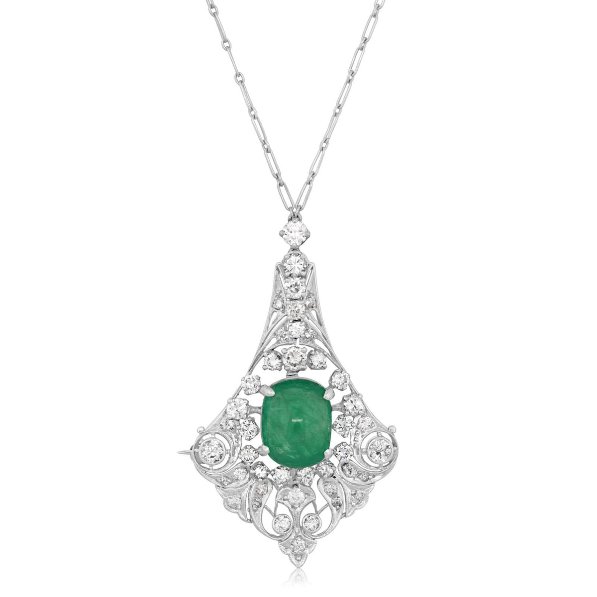 Estate Antique Style Emerald & Diamond Pendant Necklace