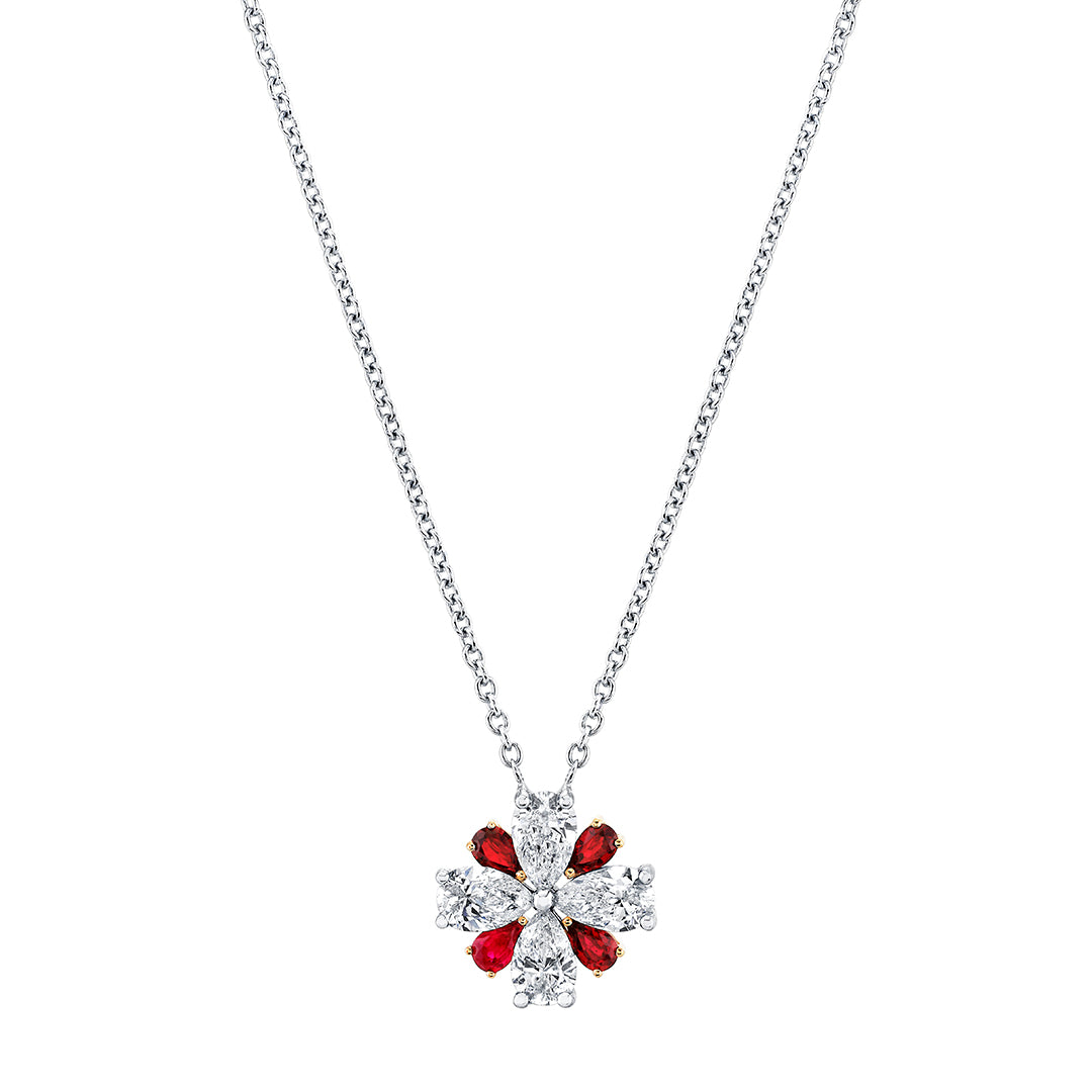 Harry Kotlar 18K White Gold Scallop Jubilee Cluster Necklace with Ruby and Diamond Accents