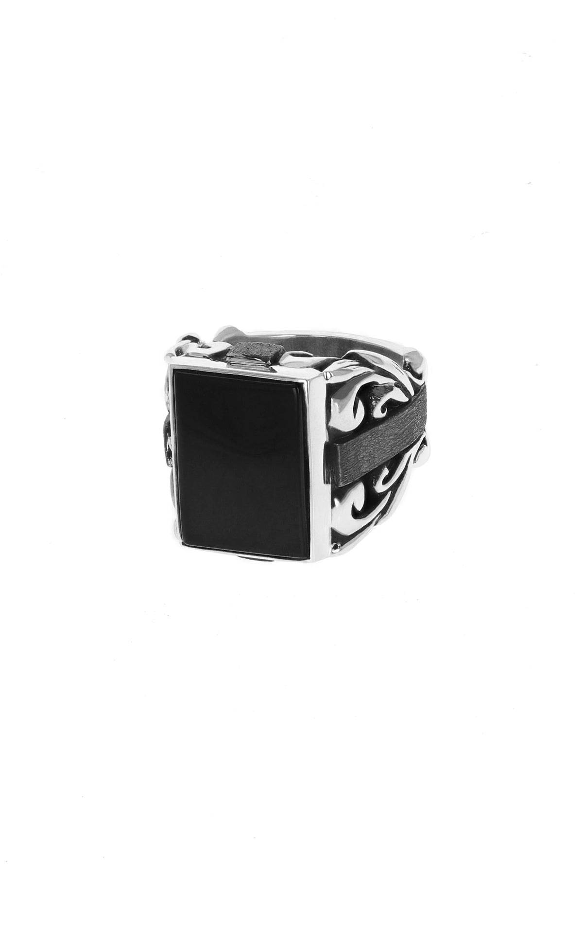MENS STATEMENT SCROLL RING W/ SQUARE INSET ONYX