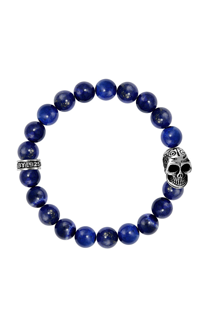 MENS 10MM LAPIS BEAD BRACELET W/DAY OF THE DEAD SKULL