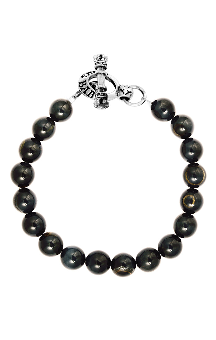 MENS 10MM BLUE TIGER EYE BRACELET W/TOGGLE CLASP