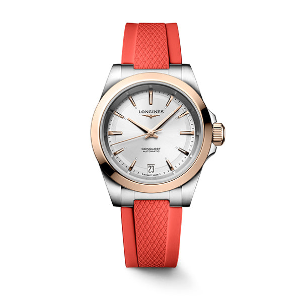 Longines Rose Gold Conquest Red Rubber Strap 34mm - L3.430.5.72.9
