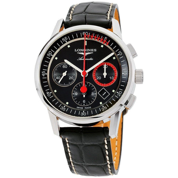 Longines Men's L4.754.4.52.4 Heritage Chronograph Black Leather Watch