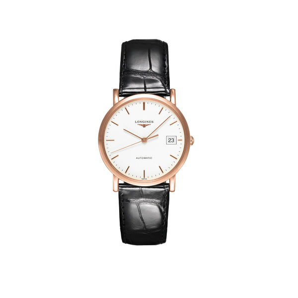 Longines Women's L47788120 Elegant 18kt Pink Gold Automatic Black Leather Watch