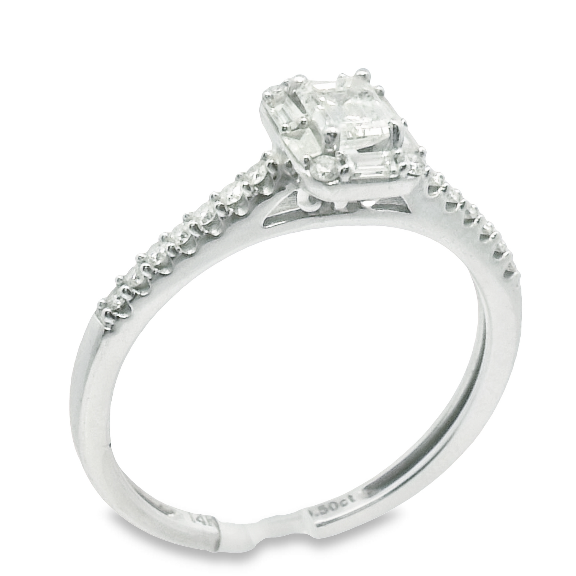 14K DIAMOND Emerald-Shaped White Gold Engagement Ring