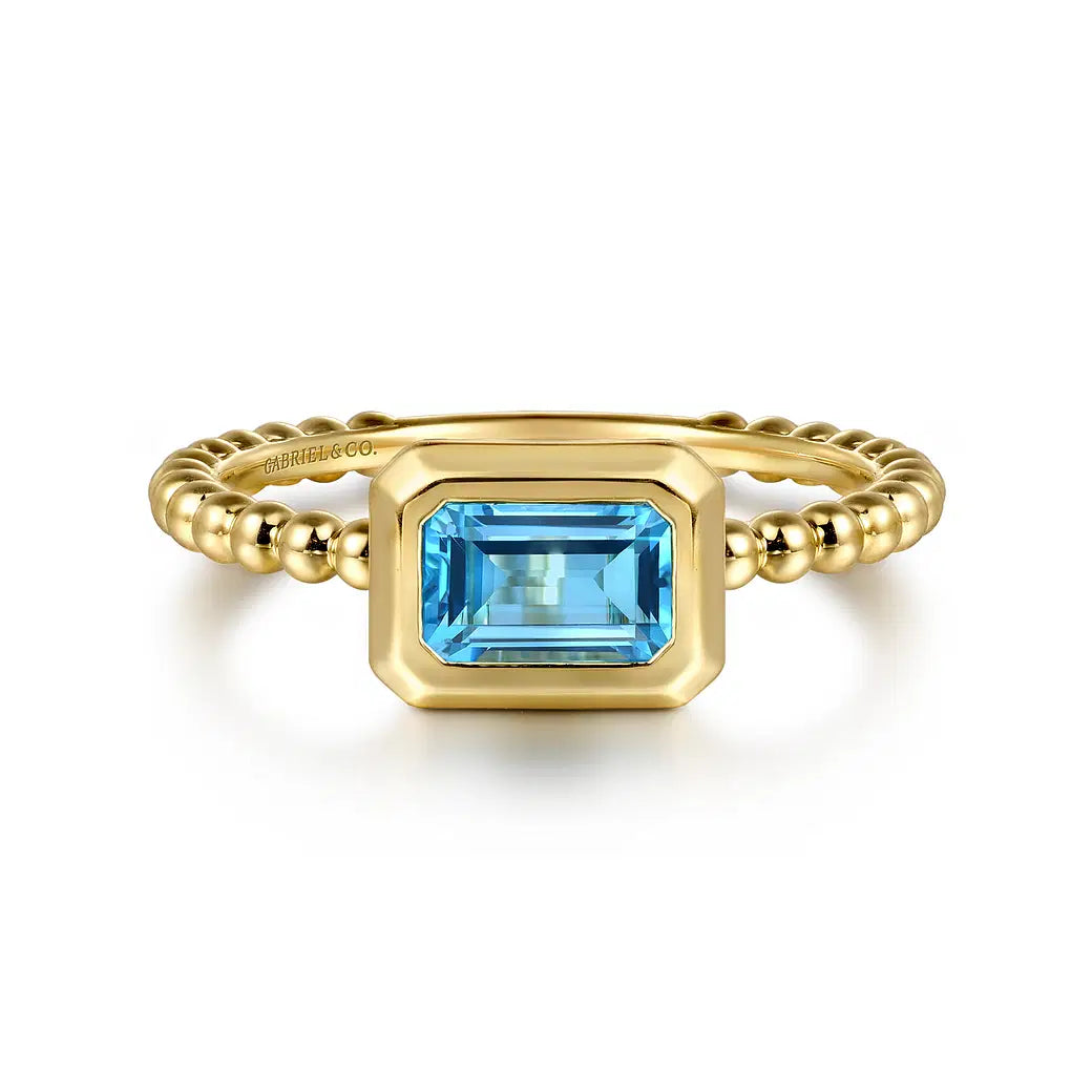14K Yellow Plain Gold Bujukan And Blue Topaz Stackable Ring