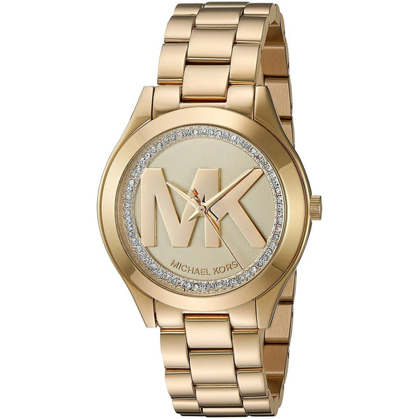 Michael Kors Women's MK3477 Mini Runway MK Logo Crystal Gold-tone Stainless Steel Watch