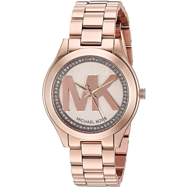 Michael Kors Women's MK3549 Mini Slim Runway Crystal MK Logo Rose-Tone Stainless Steel Watch