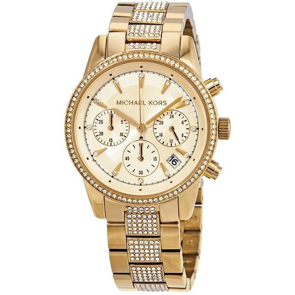 Michael Kors Women's MK6484 Ritz Pave Chronograph Gold-Tone Gold-Tone Stainless Steel with Sets of Crystal Watch