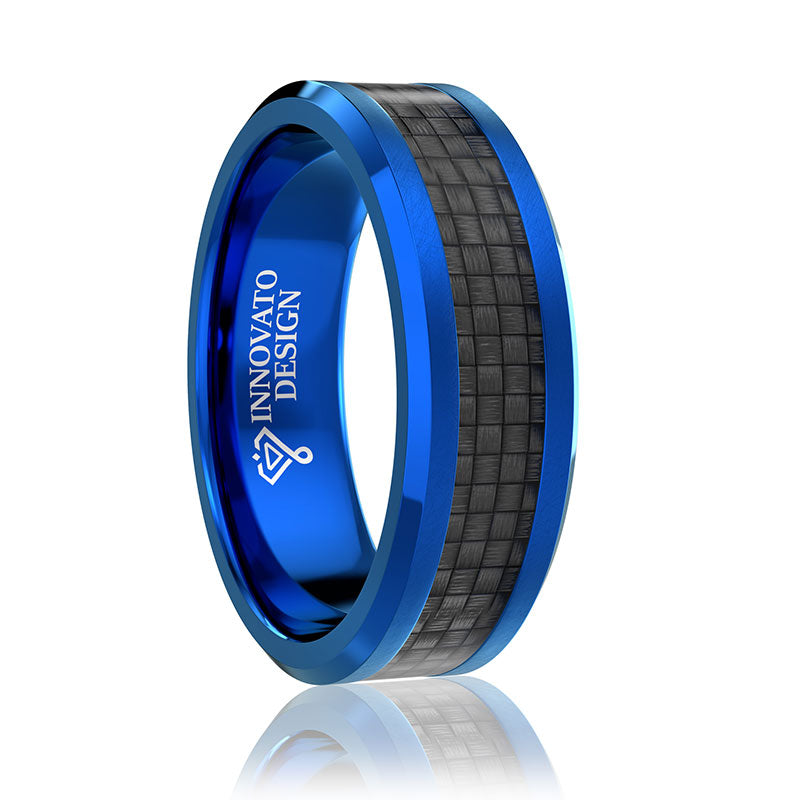 Men's Titanium Wedding Band, Engagement Ring, Blue Ion Plating and Black Carbon Fiber Inlay 8-13