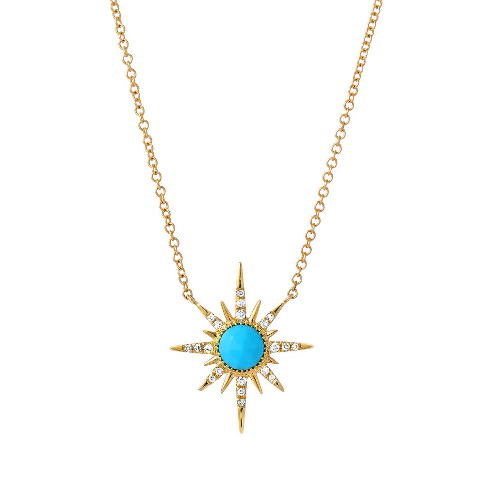 14K YELLOW GOLD TURQUOISE & DIAMOND SUNBURST NECKLACE
