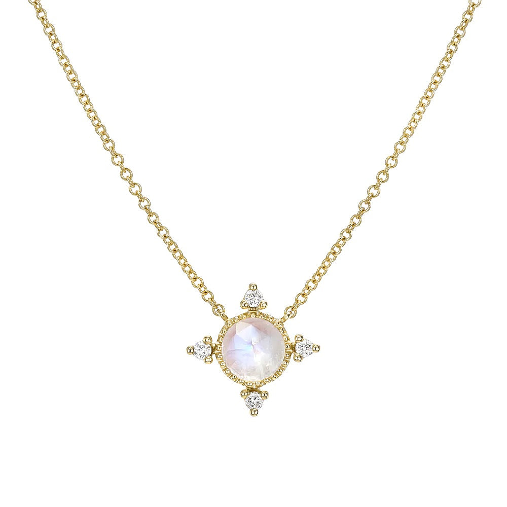 14K COMPASS RAINBOW MOONSTONE AND DIAMOND NECKLACE