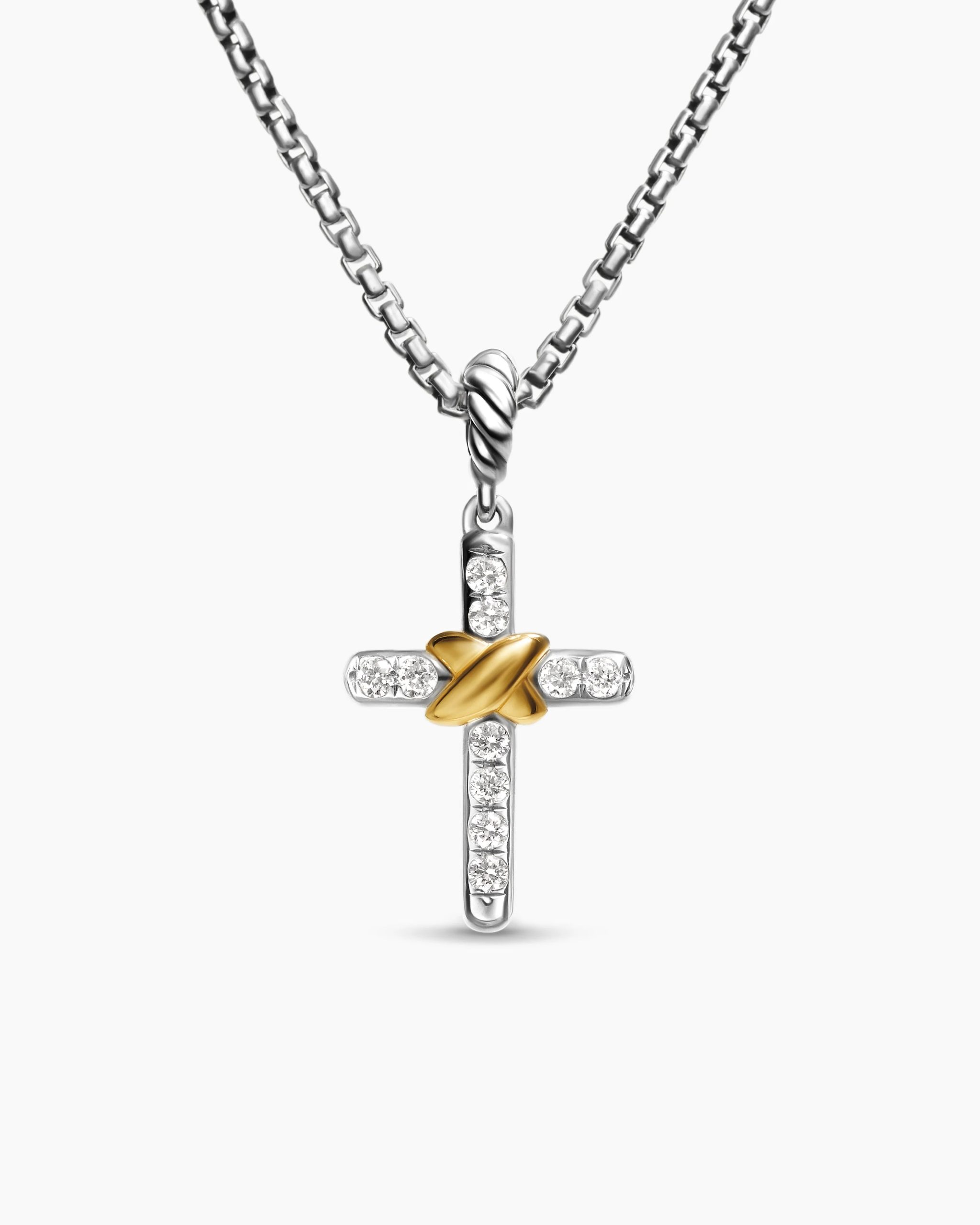 Petite Cross Necklace Sterling Silver with 18K Yellow Gold with Diamonds, 20.8mm