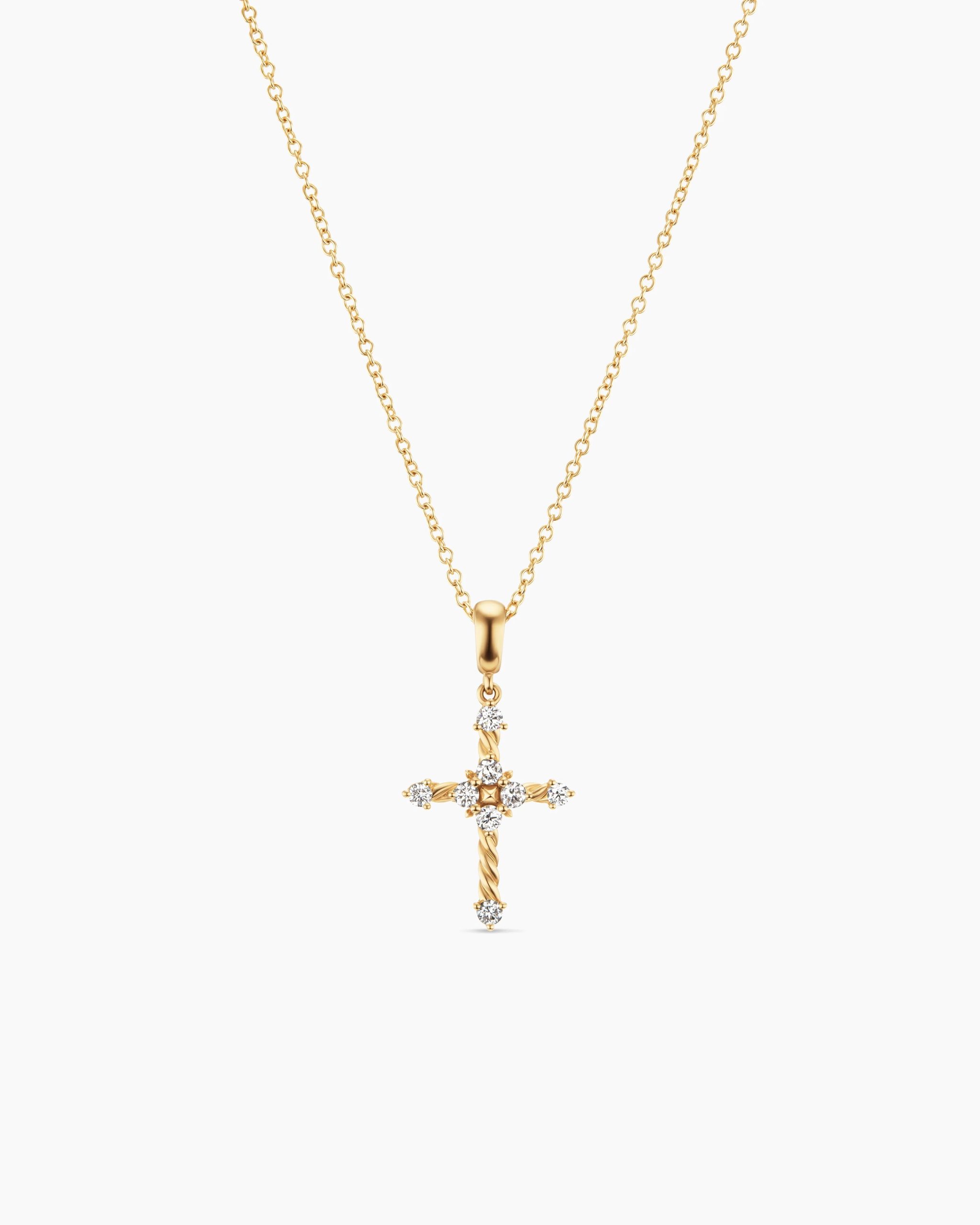 Petite Modern Renaissance Cross Pendant Necklace 18K Yellow Gold with Diamonds, 15.9mm