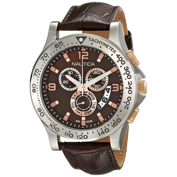 Nautica Men's NAD19503G NST 600 Chronograph Brown Leather Watch