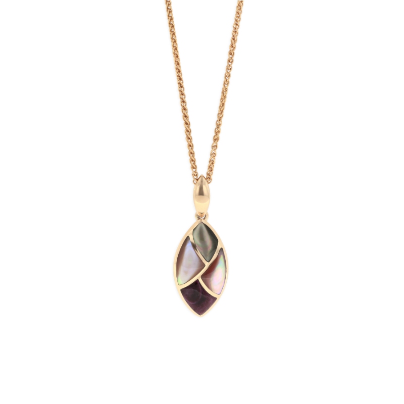 NPC260MBP-CH Inlayed 14 Karat Rosé Gold Pendant With Black Mother Of Pearl, Pink Mother Of Pearl & Purple Spiny Oyster On 18" Length 14 Karat Rosé Chain