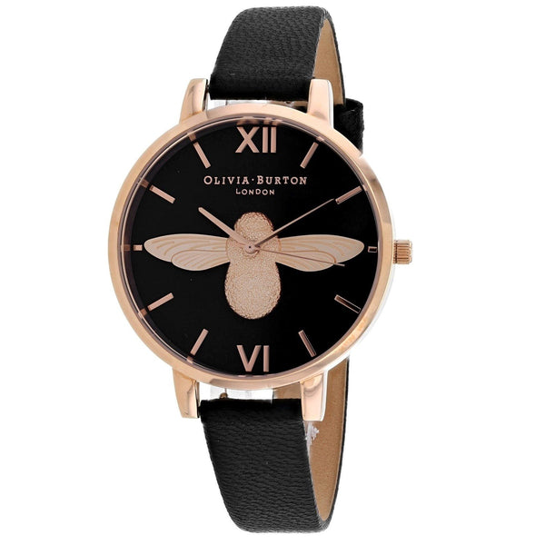 Olivia Burton Women's OB16AM98 3D Bee 3D Bee Motif Black Leather Watch