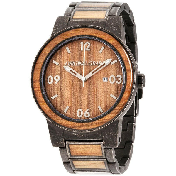 Original Grain Men's OG-10-SW-1 Koa Stonewashed Barrel Two-Tone Stainless Steel with Wood Inlay Watch