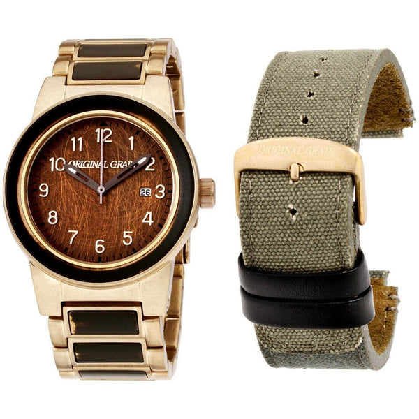 Original Grain Men's OG-11-MIL-GLD Military Barrel Bravo Two-Tone Stainless Steel with Wood Inlay Watch