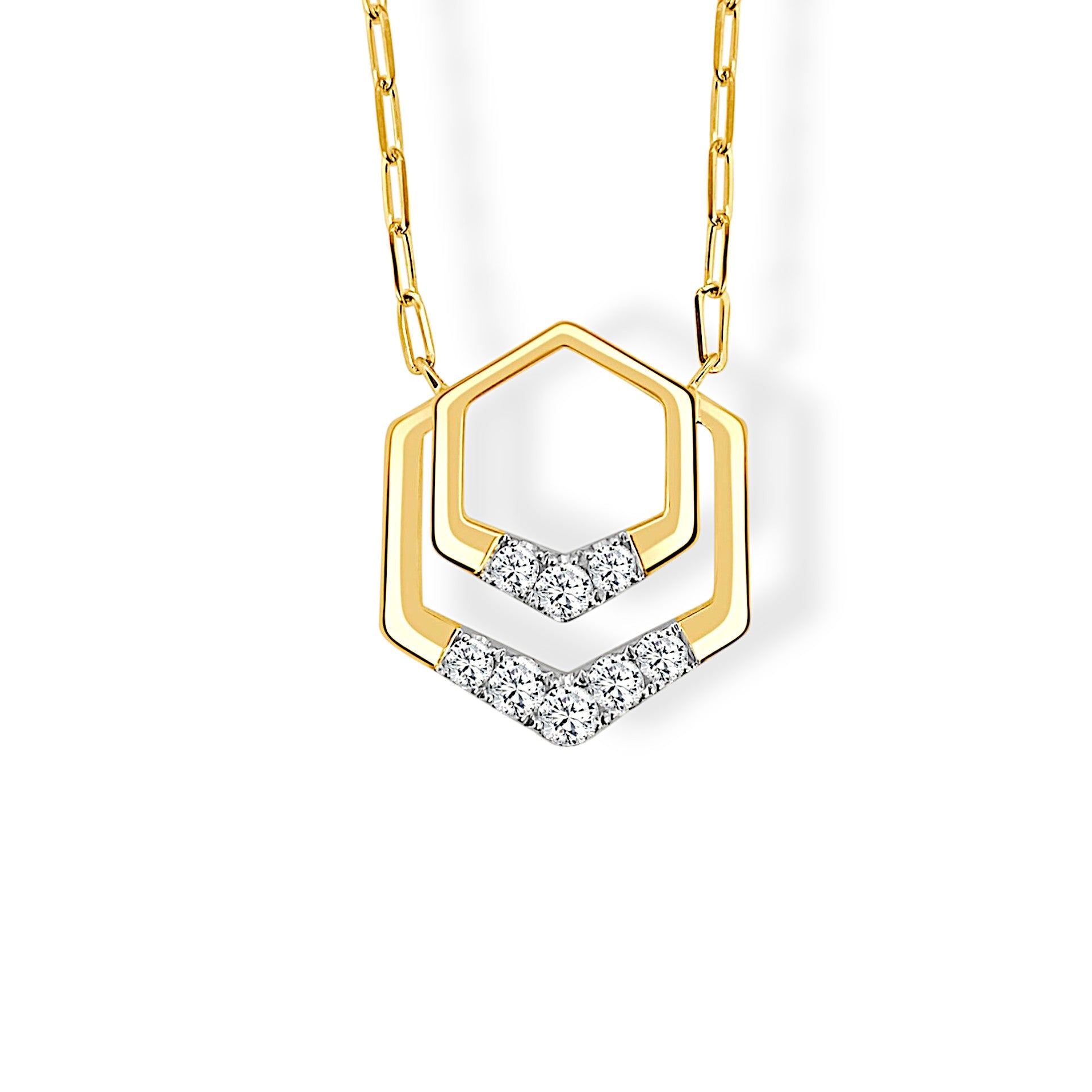 14K Yellow & White Gold Open Hexagon Pendant with Half Diamond & Half Polished Finish