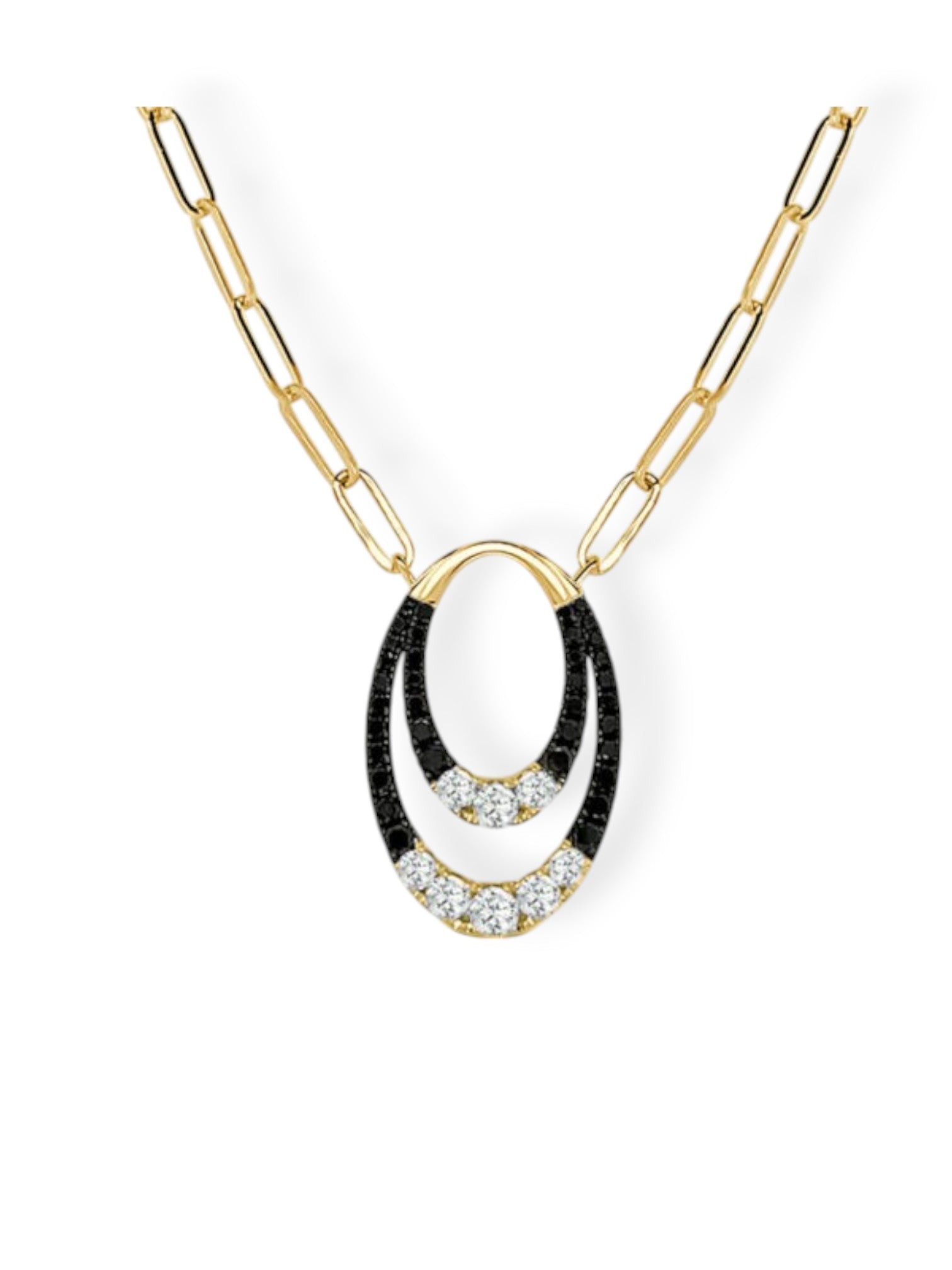 Double Vertical Oval Black & White Diamond “Clip” Pendant with Paper Clip Chain