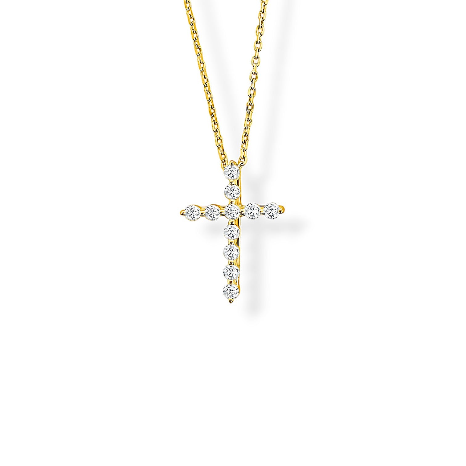 14K Yellow Gold Classic Thin Short Diamond Cross Pendant with Chain