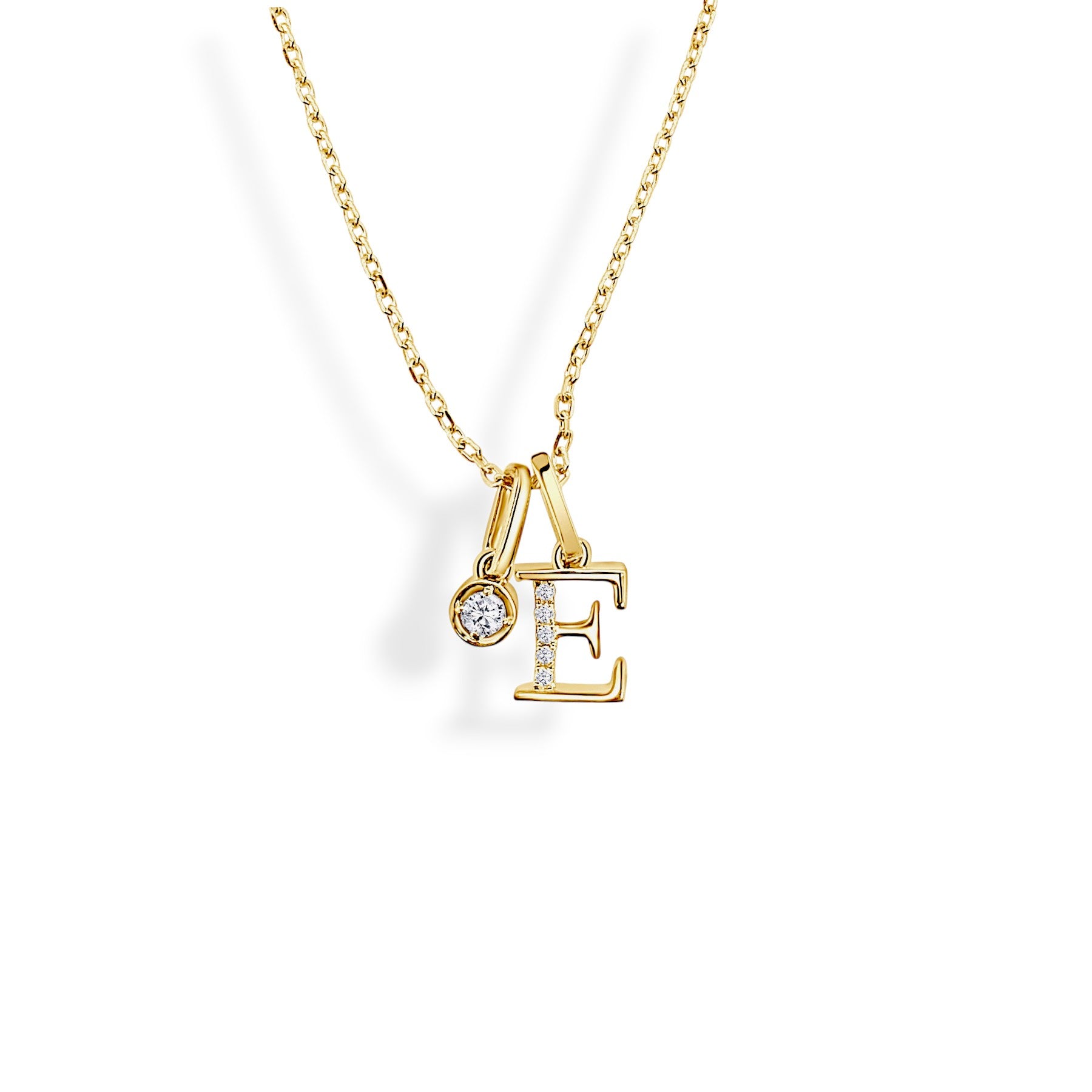 14K Yellow Gold “E” Initial Pendant with Half-Diamond & Polished Finish