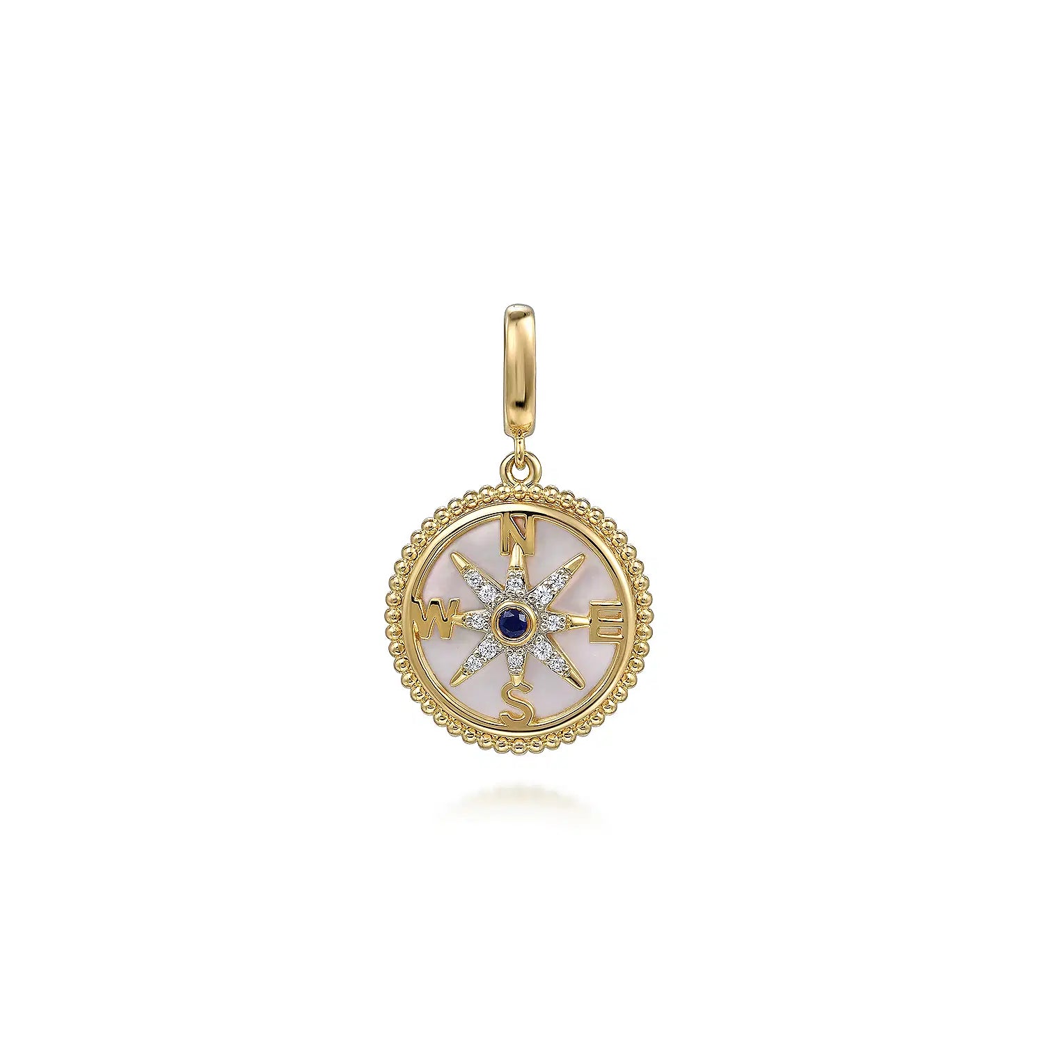 14K Yellow Gold 18mm Bujukan Diamond Compass Mother of Pearl Medallion Pendant