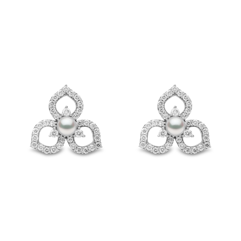 QYE2307-7X London Pearl & Diamond Stud Earrings In 18 Karat White Gold With 2 Akoya Pearls